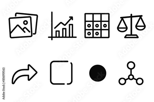 Decision System Elements. Dynamic Decision System Elements linear icon set: scenario cards, probability chart, option matrix, weighted scale, feedback arrow, evolving frame