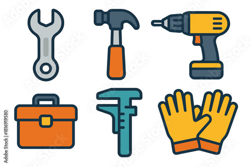 Industrial Tool Icons. Labor Day Industrial Tools Set flat icon set: wrench, hammer, drill, toolbox, measuring gauge, protective gloves
