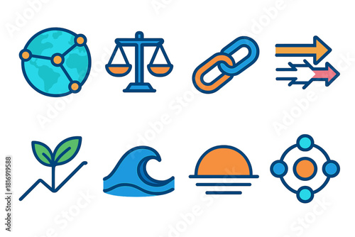 Economic Resilience Icons. Global Economic Resilience flat icon set: world map node, trade balance line, supply chain link, resource flow arrows, sustainable growth leaf, stability