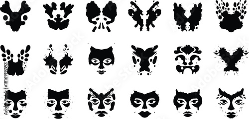 Abstract inkblot shapes and symmetrical face patterns, black Rorschach style silhouettes for creative design projects