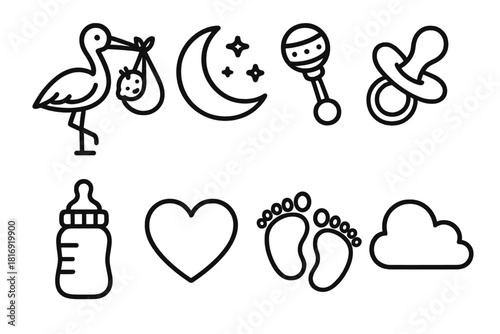 Stork and Baby Symbols. Baby love concept linear icon set: stork with newborn, moon, rattle, pacifier, bottle, heart, tiny feet, cloud