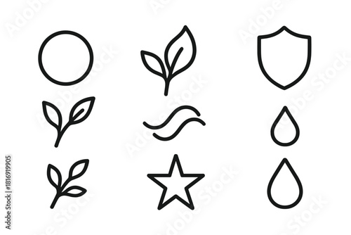 Calm Fortitude Icons. Calm Fortitude linear icon set: centered circle, anchored stem, soft flame, protective shell, uplifted branch, flowing line, steady star, gentle droplet