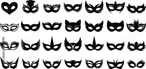Masquerade mask icon collection featuring fantasy designs, costume party silhouettes, decorative carnival eye mask set