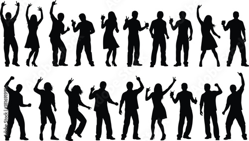 Dancing party people silhouettes with energetic poses, celebration crowd figures, dance movements, nightlife festive illustration collection