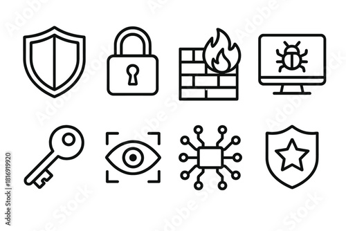 Cyber Security Icons. Cyber Defense linear icon set: shield, padlock, firewall, antivirus, key, eye scan, circuit board, security badge