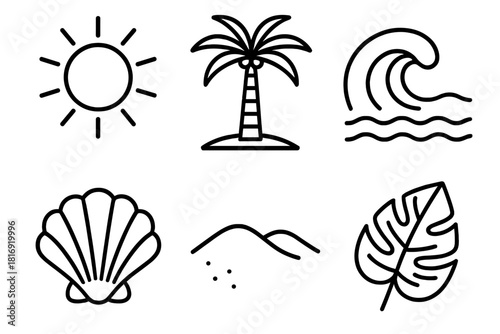 Tropical Icons Collection. Summer Nature Set linear icon set: bright sun, palm tree, ocean wave, seashell, sand dune, tropical leaf