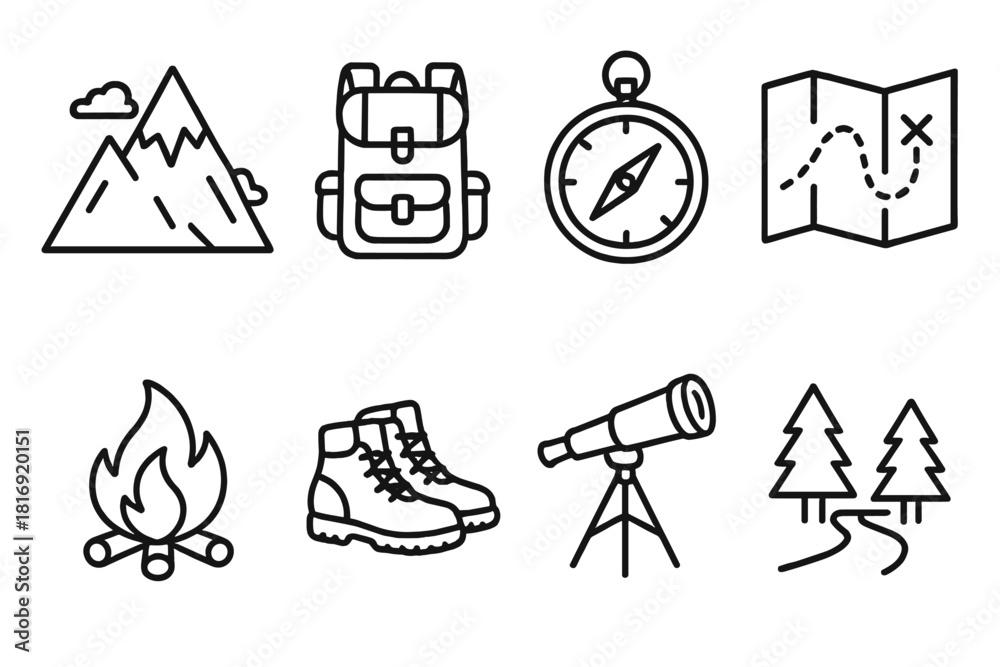 Fototapeta premium Adventure Icon Collection. Adventure Concept linear icon set: mountain peak, backpack, compass, map, campfire, hiking boots, telescope, forest trail