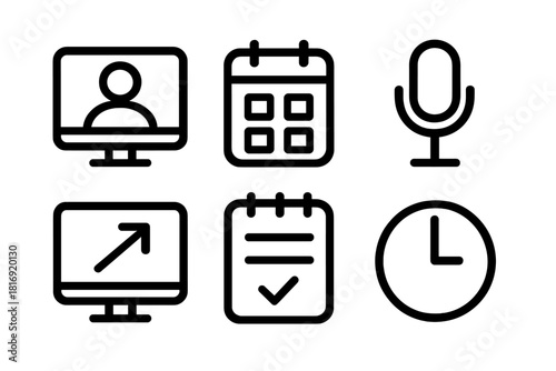 Online Meeting Icons. Online Meetings linear icon set. webcam, calendar, microphone, screen share, note pad, clock