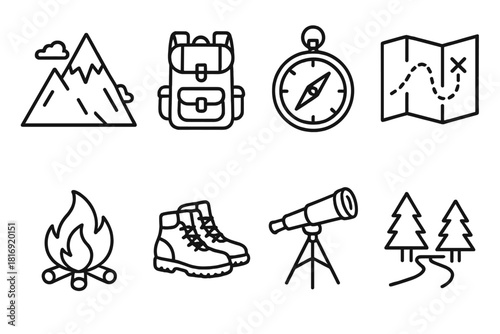 Adventure Icon Collection. Adventure Concept linear icon set: mountain peak, backpack, compass, map, campfire, hiking boots, telescope, forest trail