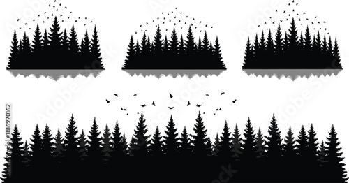 Forest silhouette landscape with flying birds, pine tree horizon, nature reflection scene, black woodland illustration