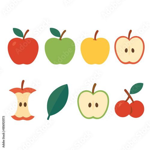 Colorful Apple Icons. Apple varieties flat icon set: red apple, green apple, yellow apple, sliced apple, apple core, apple leaf, halved apple, tiny apple cluster