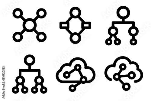 Brutalist Semantic Icons. Semantic Networks silhouette icon set. concept web, entity nodes, labeled connections, ontology diagram, hierarchy tree, data cloud.