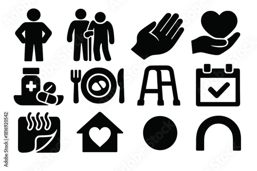 Caregiver Icons Set. Caregiving Roles Elements Set silhouette icon set: caregiver figure, elder support icon, helping hand, comforting heart, medication tray, meal plate, mobility