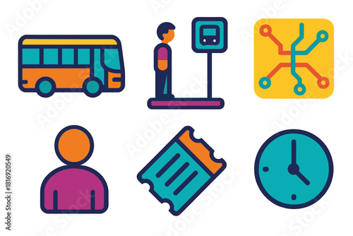Minimalist City Transit Icons. City Transit flat icon set: bus, bus stop, route map, passenger, ticket, clock