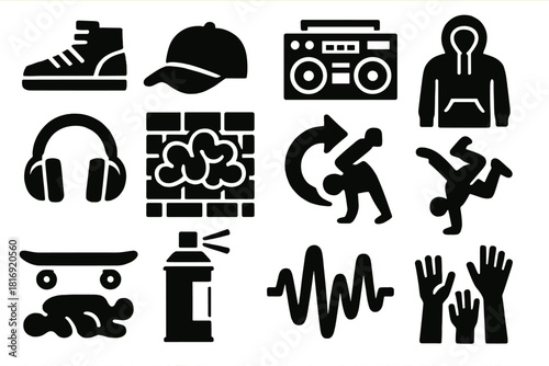 Brutalist Dance Icons. Street Dancing silhouette icon set. sneakers, cap, boom box, hoodie, headphones, graffiti wall, spin arrow, urban dancer, skateboard, spray paint, beat wave