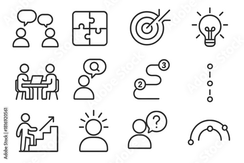 Collaborative Problem Solving Icons. Collaborative Problem Solving Set linear icon set: team dialogue, puzzle cluster, strategy arrows, concept spark, shared workspace, clarity