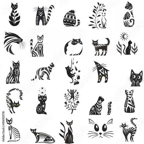 Minimalist vector black and white cat illustrations on a transparent background.