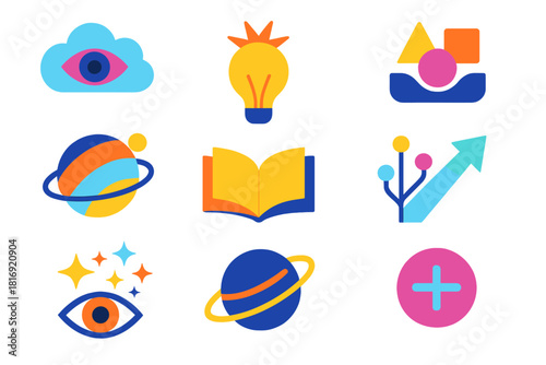 Imaginative Vision Icons. Imaginative Foresight flat icon set: cloud vision, creative spark, floating shapes, conceptual grid, idea planet, open book, branching lines, aspiration