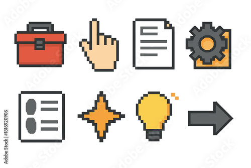 Practical Icon Set. Practical Knowledge pixel style icon set: toolbox icon, skill hand, instruction sheet, applied gear, step-by-step card, experience mark, helpful hint dot, task