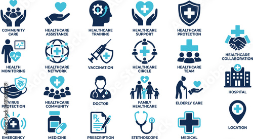A Complete Set of Essential Health, Medical, and Hospital Services Icons for Assistance, Protection, Support, Training, and Monitoring Vector Illustration Collection