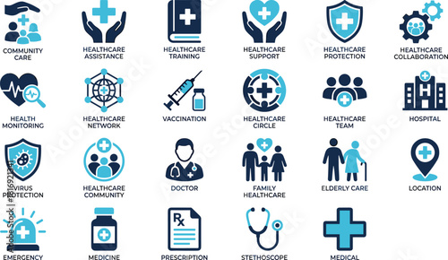 Comprehensive Healthcare and Medical Services Icons Set Including Protection, Assistance, Training, Support, and Monitoring Elements Vector Illustration Collection