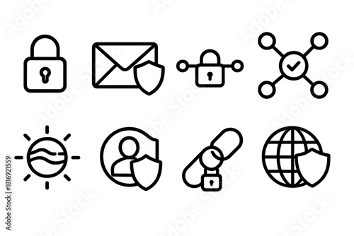 Encrypted Communication Icons. Secure Digital Communication linear icon set: encrypted lock, shielded message, secure channel line, protected nodes, verification dot, encrypted