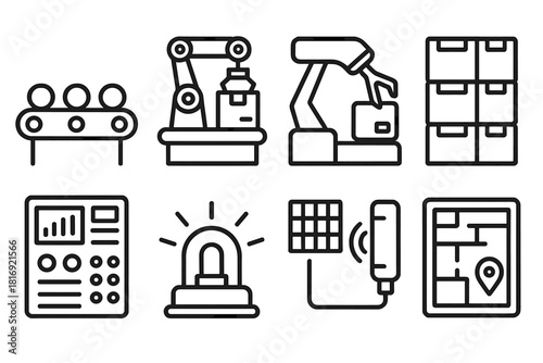 Warehouse Automation Icons. Warehouse Automation linear icon set: conveyor belt, robotic picker, barcode scanner, crate stack, control panel, safety light, sensor grid, warehouse