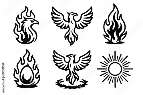 Phoenix Rising Icons. Mythic Phoenix linear icon set: flaming bird, rising wings, fire plume, glowing egg, ash circle, sunburst