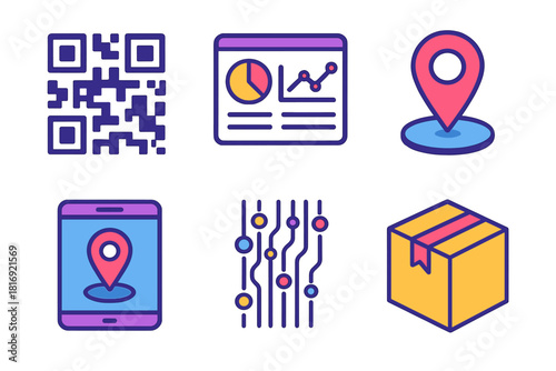 Isometric Smart Tracking Icons. Smart Tracking flat icons set. QR code, dashboard, GPS pin, tablet, data stream, package
