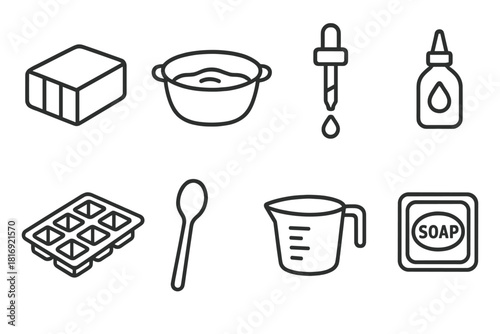 Soap Making Essentials. Melt and Pour linear icon set. glycerin block, microwave bowl, fragrance dropper, color dye, silicone mold, stirring spoon, measuring cup, soap stamp