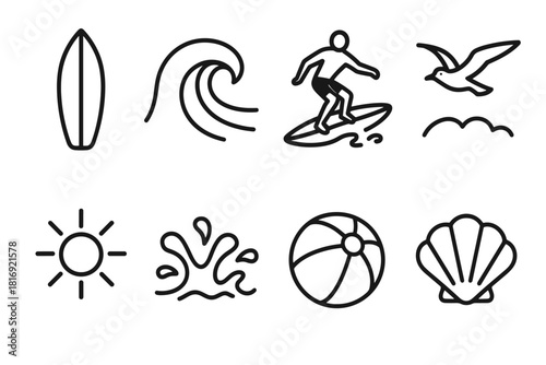 Wave Rider Icons. Ocean surfing concept linear icon set: surfboard, wave curl, surfer silhouette, seagull, sun, foam splash, beach ball, shell