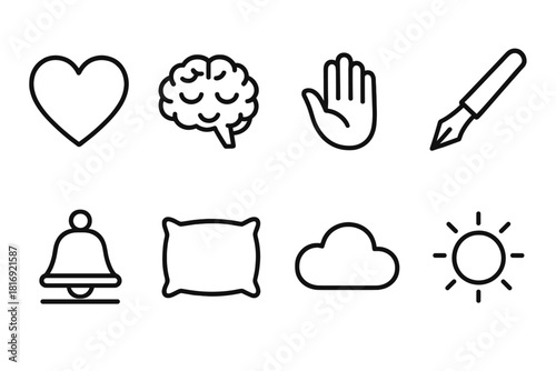 Emotional Balance Icons. Emotional Balance linear icon set: heart outline, brain calm symbol, open hand, journaling pen, mindfulness bell, soft pillow, cloud shape, glowing aura