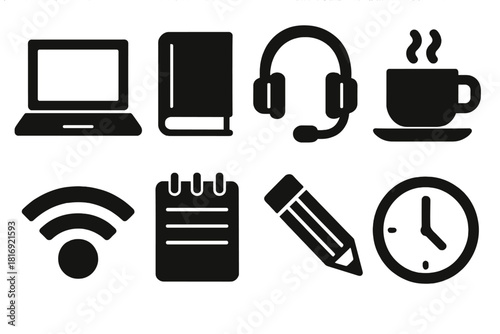 Bold Remote Learning Icons. Remote Learning silhouette icon set: laptop, book, headset, coffee cup, wifi signal, notepad, pencil, clock