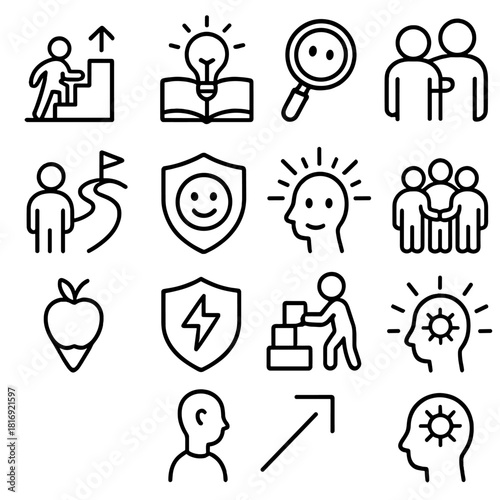 Youth Development Icons. Youth Development Themes Set linear icon set: growth steps, learning spark, curiosity lens, supportive mentor icon, goal pathway, confidence badge