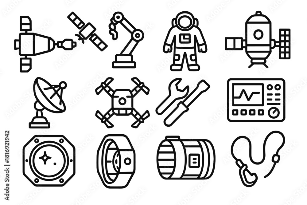 Fototapeta premium Space Station Icons. Space station operations linear icon set. docking vehicle, robotic arm, EVA suit, habitat module, satellite dish, maintenance drone, tool wrench, control panel