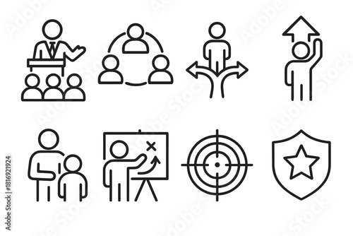 Leadership Icon Set. Effective Leadership Set linear icon set: motivational speech, team connection, decision path, success arrow, mentoring symbol, planning board, focus target