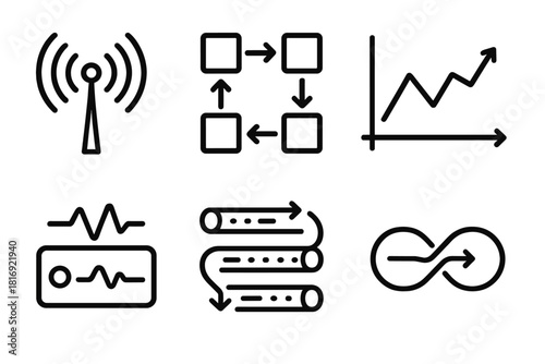 Streaming Data Icons. Streaming Data linear icon set. live signal, data packets, moving graph, sensor input, streaming pipeline, continuous flow.
