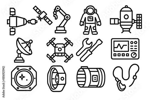 Space Station Icons. Space station operations linear icon set. docking vehicle, robotic arm, EVA suit, habitat module, satellite dish, maintenance drone, tool wrench, control panel