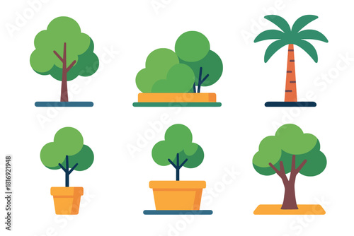 Vibrant Urban Trees. Urban Trees Set flat icon set: street tree, landscaped shrub, decorative palm, planter tree, rooftop tree, courtyard tree