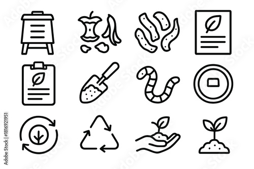 Composting Icons Collection. Composting & Waste Reduction linear icon set. compost bin, food scraps, vegetable peels, composting guide, soil scoop, green leaf icon, worm compost