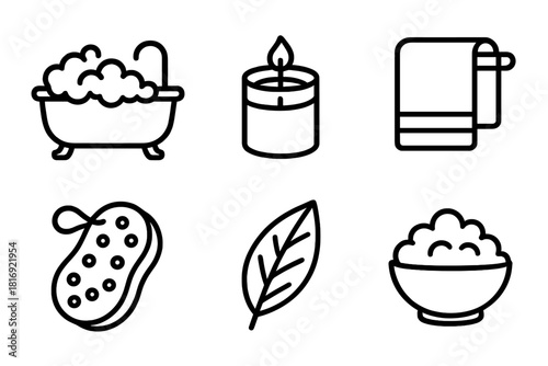 Relaxing Bath Icons. Soothing Bath Time linear icon set. bathtub, foam, candle, towel, sponge, leaf