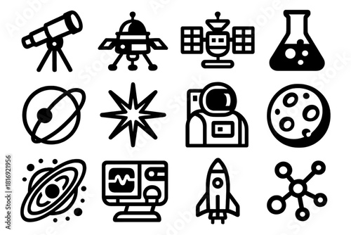 Space Technology Icons. Space Research Technology silhouette icon set. telescope, robotic probe, satellite, lab flask, control screen, orbit trajectory, cosmic ray, astronaut, moon