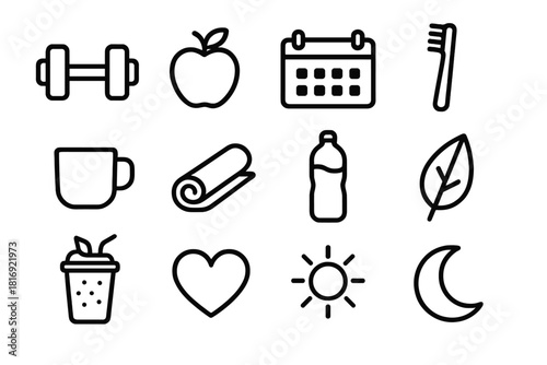 Healthy Lifestyle Icons. Lifestyle Habits linear icon set. dumbbell, apple, calendar, toothbrush, cup, yoga mat, water bottle, leaf, smoothie, heart, sun, moon.