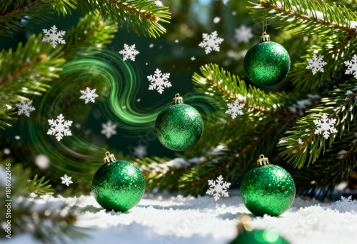 Festive green Christmas baubles on a snow-dusted pine tree. Shiny holiday ornaments with falling snowflakes and a magical light swirl. Winter holiday season background