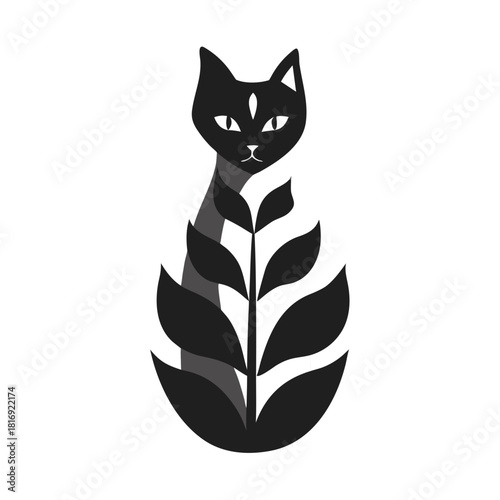 Black cat silhouette with plant design in minimalist style  