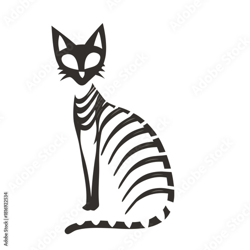 A minimalist black and white vector drawing of a skinny cat sitting. 