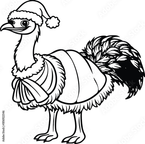  Festive Emu with Santa Hat and Holiday Cape Delivers Christmas Cheer, A Whimsical Animal Celebrating the Season with Joyful Style - Originally a Scalable Vector Graphic