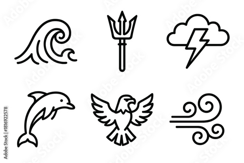 Mythic Marine Icons. Sea and Sky linear icon set: Poseidon’s wave, trident, dolphin, thundercloud, eagle, wind swirl