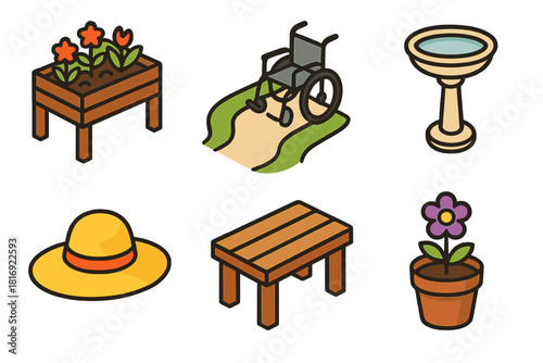 Accessible Garden Icons. Accessible Garden Spaces flat icon set: raised planter box, wheelchair-friendly path, birdbath, sun hat, small bench, flower pot