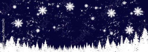 Winter Night Background with Snowfall, White Pine Trees, and Stars perfect for Christmas Holiday Header or Celebration Banner
